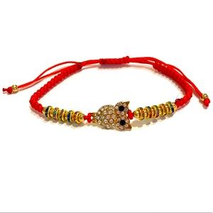 Owl Macrame Bracelet Red Gold With Rhinestones